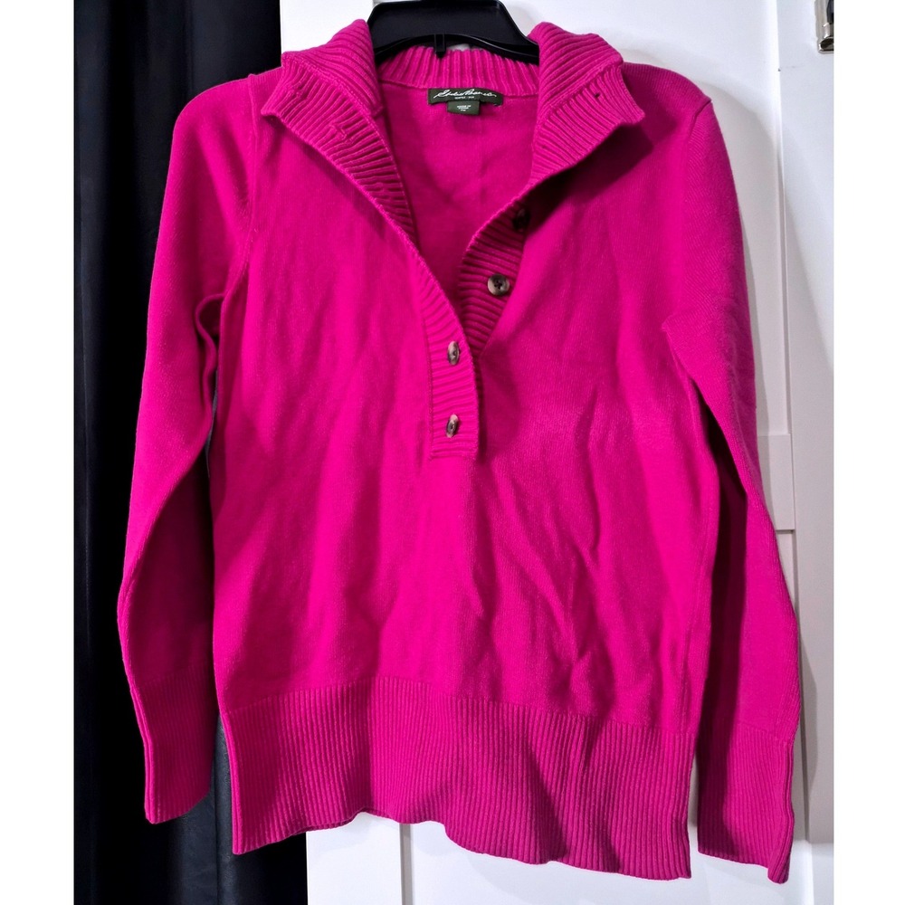 Eddie Bauer‎ Magenta Pink Knit Sweater Button Neck Long Sleeve Women's PM